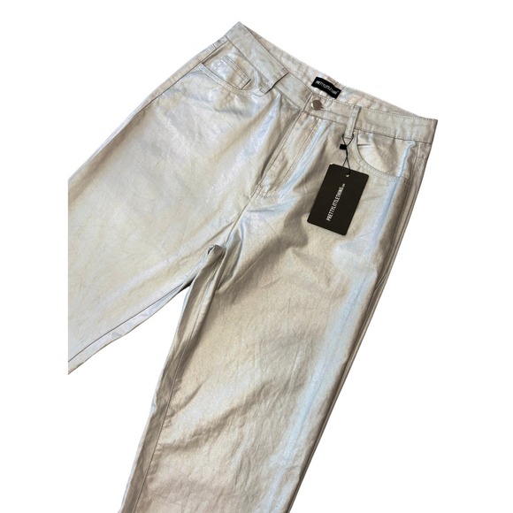PrettyLittleThing Denim - PrettyLittleThing Straight Leg Pants Womens 12 Silver Holographic Split Hem NEW